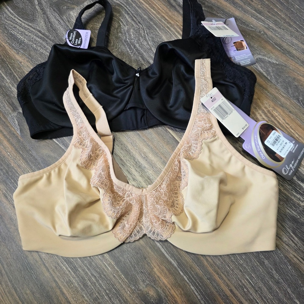 Olga Minimizer Bra Lot 2pc Black Tan Wirefree Lace 40D 35125 35087